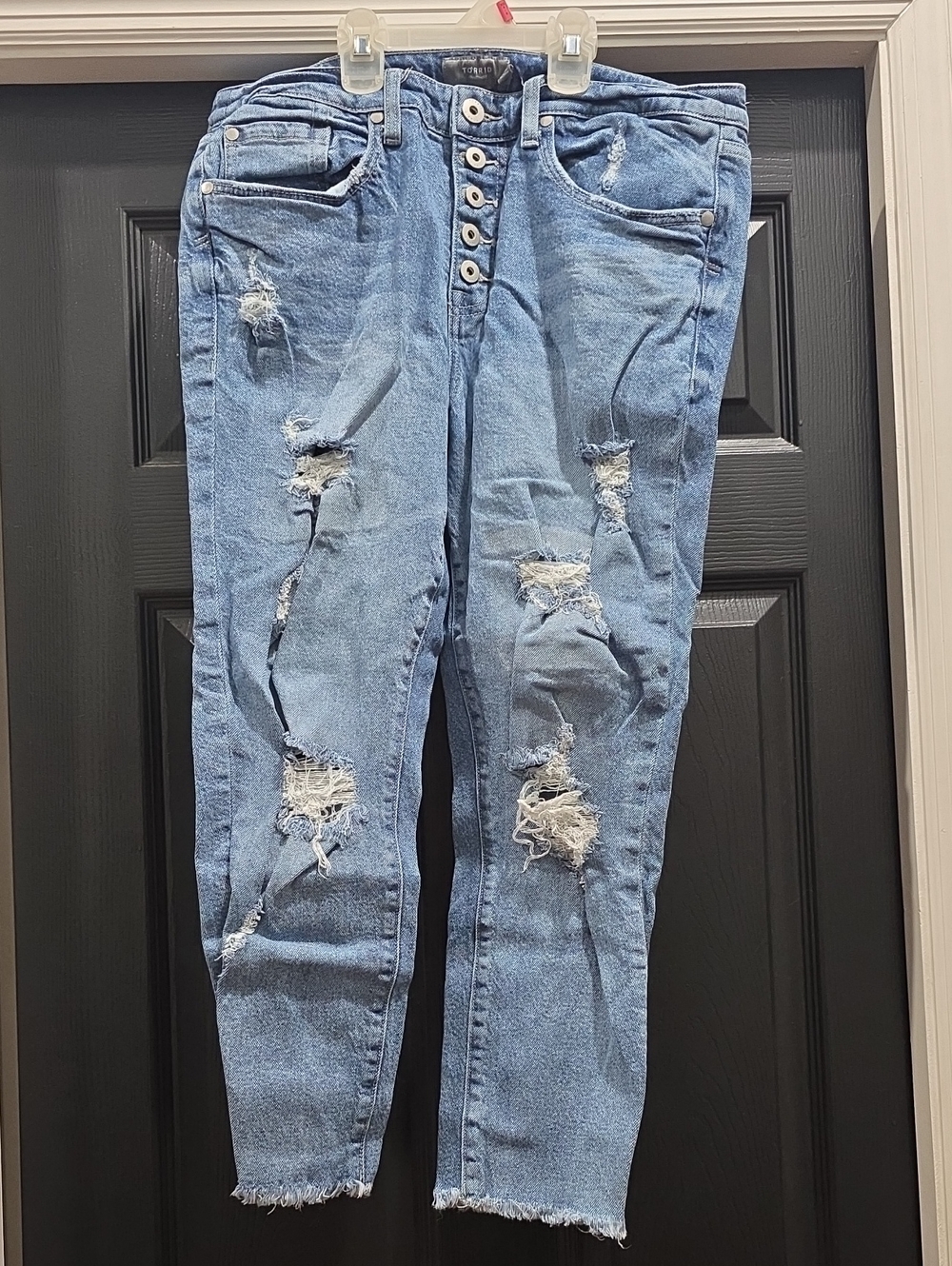 torrid Light Blue Distressed Straight Leg Jeans with Button-Fly